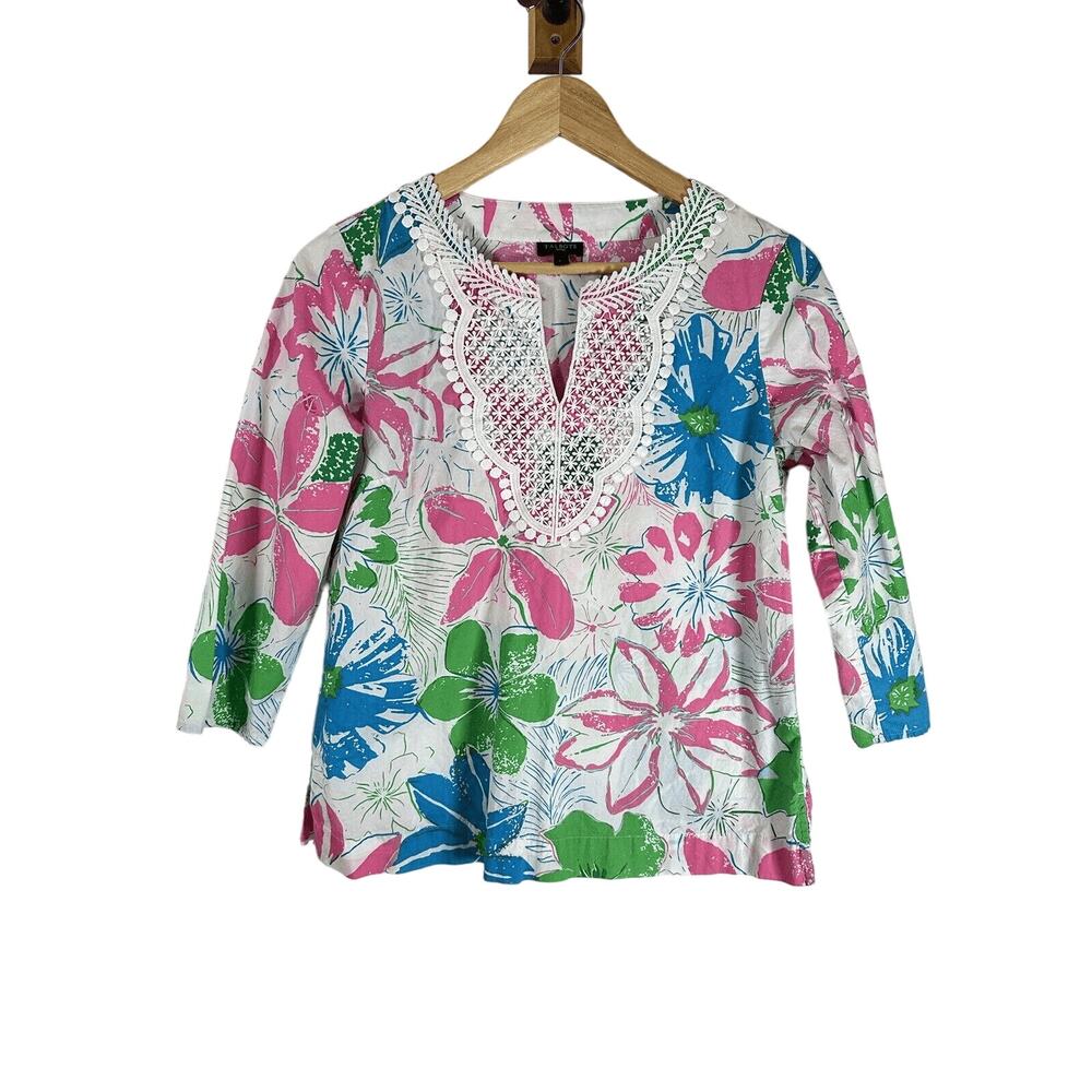 Talbots Lace Applique Bib Anguilla Floral Cotton Tunic Top Womans S Petite GUC‎